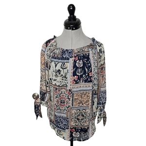 Navy Blue Pattern Cute Bohemian Tie Blouse (Size: XS) Westport